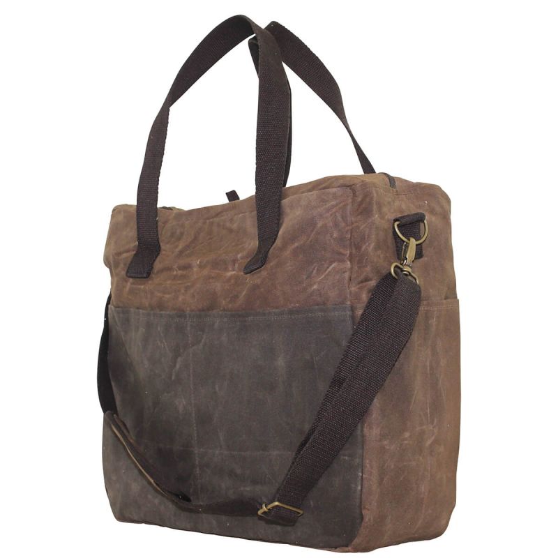 Waxed Canvas Multi-Pocket Travel Tote Khakhi with Olive Pockets