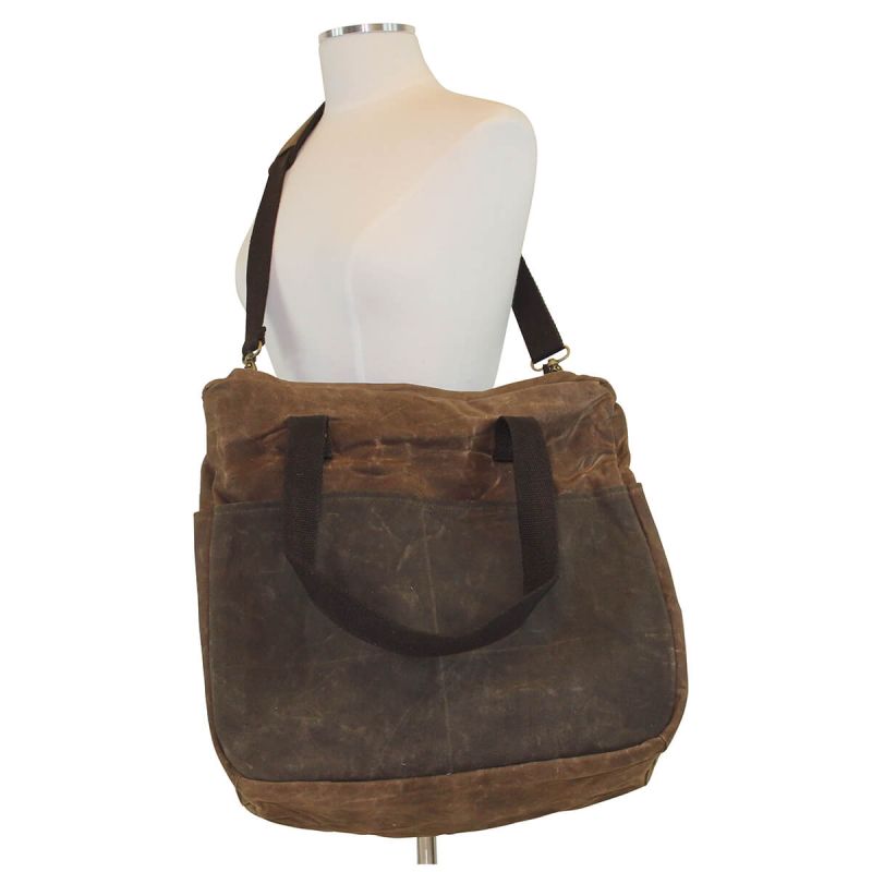 Waxed Canvas Multi-Pocket Travel Tote Khakhi with Olive Pockets