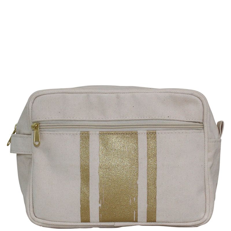 Brushed Canvas Lined Travel Kit Natural With Gold Paintstroke Stripes