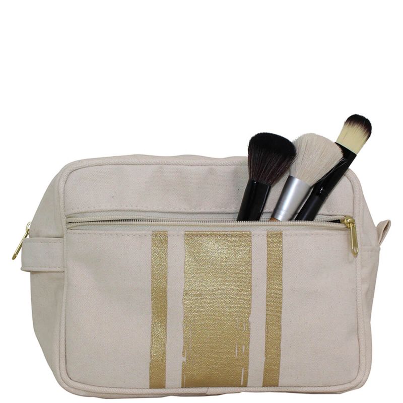 Brushed Canvas Lined Travel Kit Natural With Gold Paintstroke Stripes