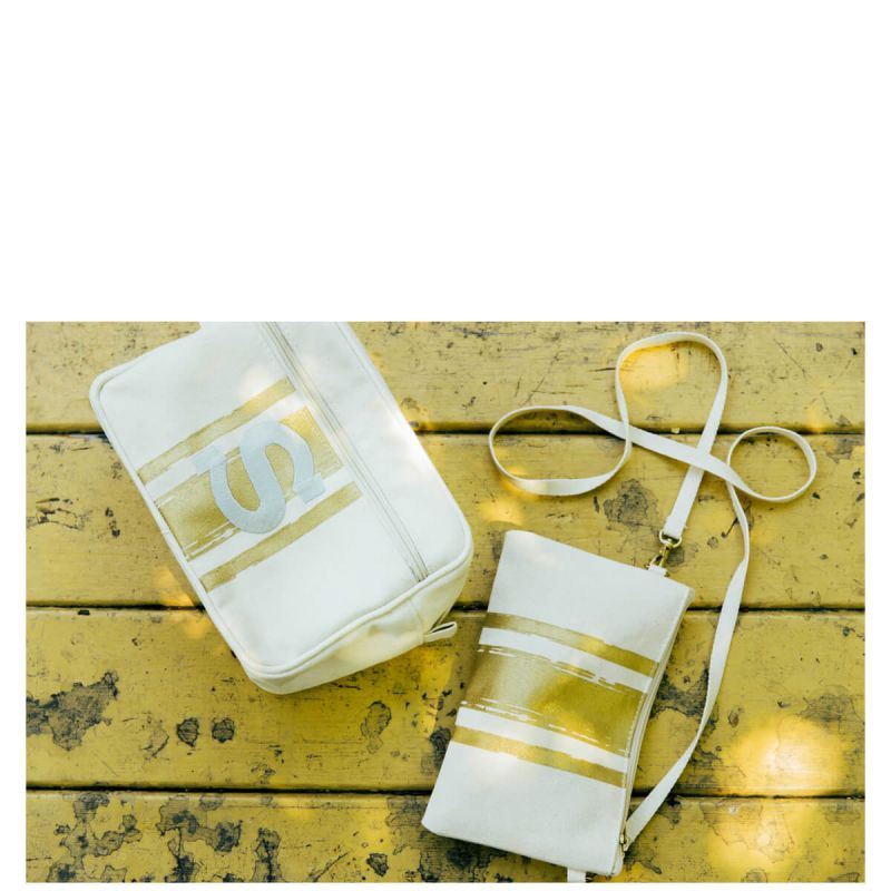 Brushed Canvas Lined Travel Kit Natural With Gold Paintstroke Stripes
