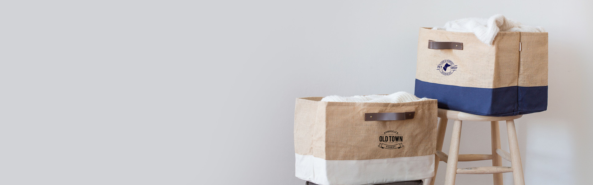 Canvas storage bins with custom embroidery