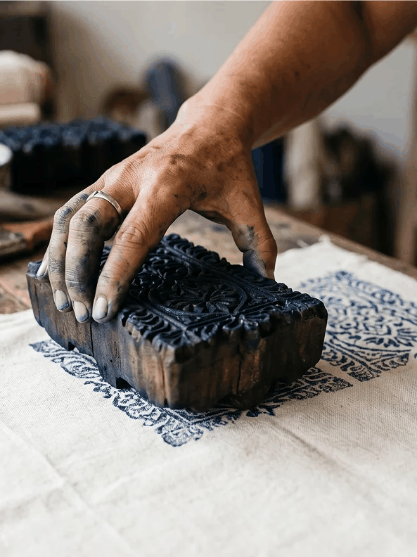 Artisan hands block printing fabric with a carved wooden stamp