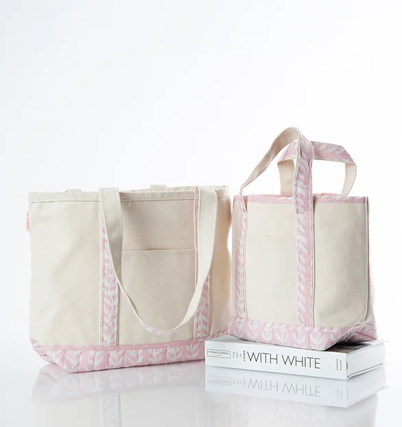 Block print medium classic tote with floral pattern