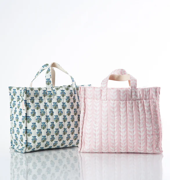 Block print cosmetic pouch with quilted detail