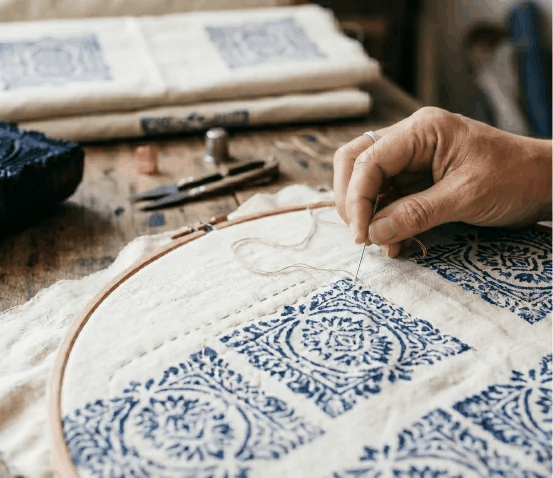 Close-up of quilted block print stitching detail