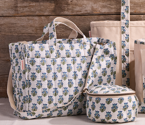 Finished block print tote and matching cosmetic pouch set