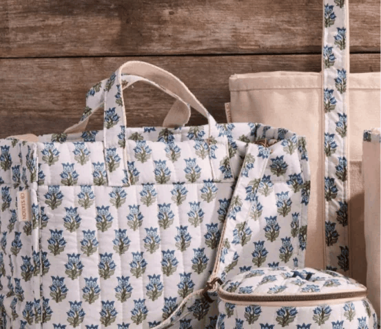 Finished block print tote and matching cosmetic pouch set