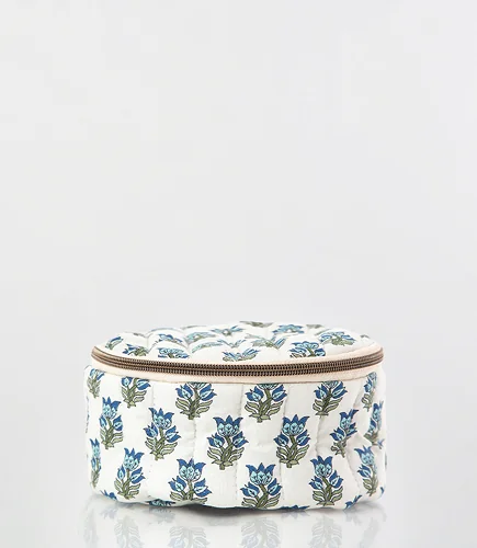 Quilted block print pouch in blue