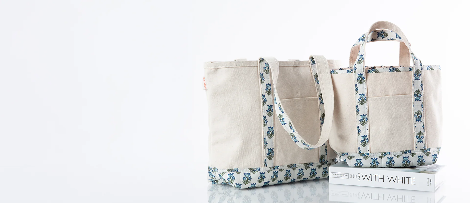 Block print canvas tote bags with blue floral pattern