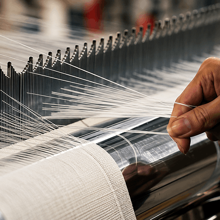 Textile weaving loom with white threads