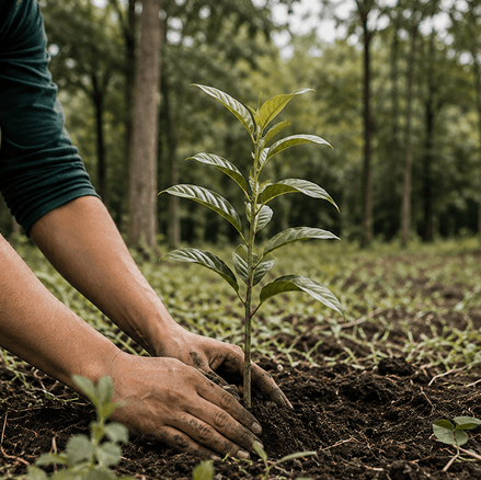 Hands planting a young sapling in soil
